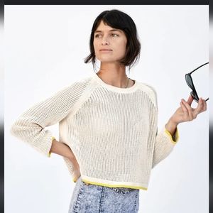 New Clare V Open Weave cropped sweater with neon yellow trim